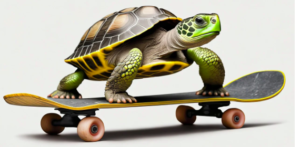 A brown and green turtle on a black longboard.